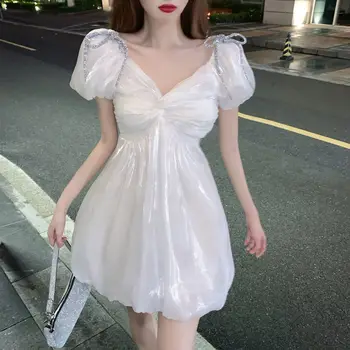 Traf organza plus size ruha 2021 új nyári kövér MM francia V-nyakú tündér fehér hercegnő szoknya női le palais áruház
