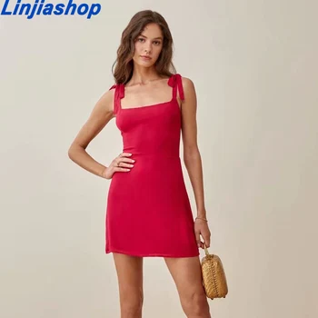 A Nők 2021 Nyári Piros Mini Ruhák Nők Streetwear Tér Nyak Ujjatlan Strapled Szexi Ruha