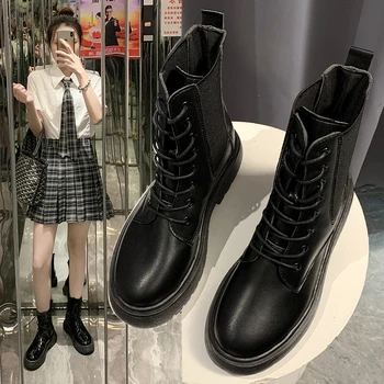 2021 Őszi-Téli Új Női Fekete Cipő Vad Csipke-up Alkalmi Női Cipő Kerek Talpig Bőr Cipő, Magas szárú Cipők