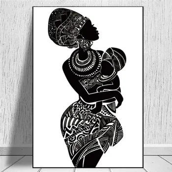 Gyönyörű Afrikai Nő A Baba Hálószoba Wall Art Vászon Festmény Fekete, Fehér, Fali Kép, Poszter Modern Nyomtatási lakberendezés