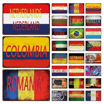 Fém Tábla Németország Franciaország Nemzeti Zászló Fém Tábla Kolumbia USA Retro Rendszám Fal Haza Étterem Jármű Dekoráció 20x30cm