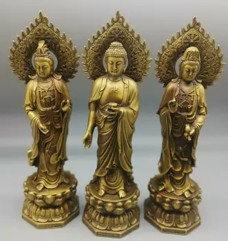 Kína brass három Szentek Buddha kézműves szobor Egy szett