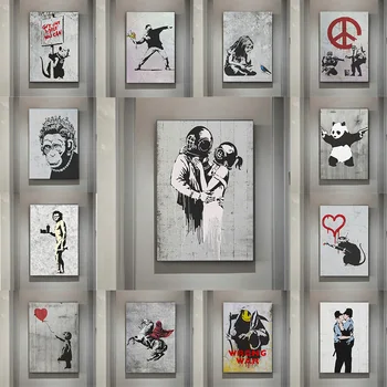 Banksy Graffiti Grafika Vászon Festmény Lány Piros Léggömb Poszter Fekete-Fehér Absztrakt Falon Képek, a Skandináv lakberendezés