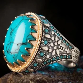 Régi Nagy Ovális Természetes Türkiz Kő Gyűrű, Férfi Retro Arany Ezüst Szín Kék Gyöngy Esküvői Gyűrű Női Punk török Ékszerek