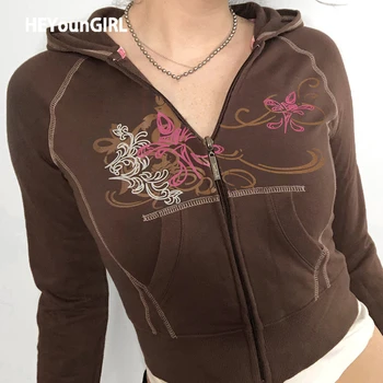 HEYounGIRL Nyomtatás Barna Harajuku Crop Top Női Kabátok, Alkalmi Pláza Gótikus Hosszú Ujjú Zip Fel Kabát Női Divat Streetwear