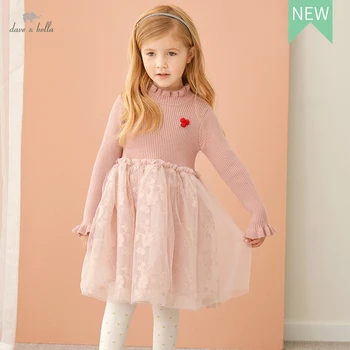 DKY19587 dave bella őszi csajos divat a levelet szilárd nyomtatás terítette ruha gyermekek édes ruha gyerek csecsemő lolita ruhák