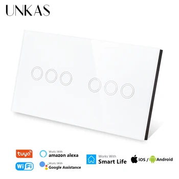 UNKAS 6 Banda Wifi EU Szabvány Érintse meg az On / Off Smart Switch Kristály Üveg 157mm Panel lakásfelújítás Munka Tuya Alexa / Google