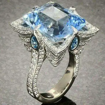 Luxus Divatos Nagy Kék Kő Gyűrű Hercegnő Vágott Kristály Gyűrű a Nők Lány Esküvő, Eljegyzés, Buli, Ékszerek, Ajándékok