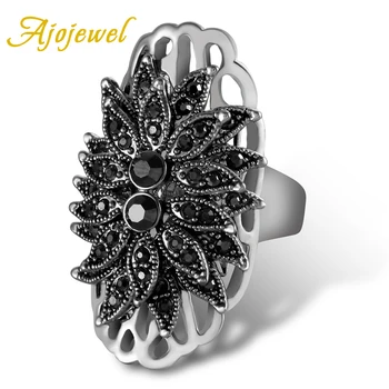Ajojewel Vintage Stílusú Eltúlzott Nagy Gyűrűt A Nők Egyedi Fekete Strasszos Kristály Virág, Ékszerek, Gyűrűk