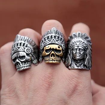 Régi Indián Törzsfőnök Koponya Gyűrű, Férfi Törzs harci Maszk Gyűrű Ajándék Barátja Punk Motoros Rozsdamentes Acél Ékszerek