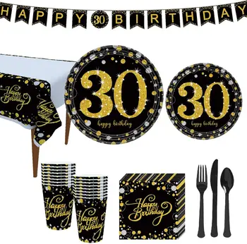 30. Születésnapi Party Kellékek Szett Fekete Arany Eldobható Evőeszközök Kit Dekorációk, Tányérok, Csészék Szalvéta Bannerek Étkészlet Evőeszköz