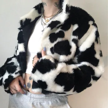 Szőrös Téli Meleg műszőrme Kényelmes Tehén Print Női Kabát Sötét Alkalmi Street Style Bő Kabát Női Laza Őszi Kabát