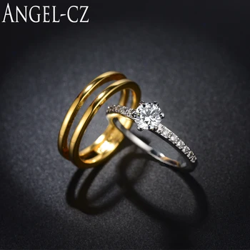 ANGELCZ Márka Esküvői Ékszerek Klasszikus Kerek Cirkónia Vasvilla Beállítás Arany Színű Eljegyzési Gyűrű, Esküvői Gyűrű Készlet AR024
