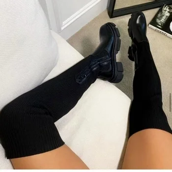 Zokni Magas Botas Szakaszon Mujer Divat 2022 Téli Chelsea Boots A Térd ZIP Plus Size Platform Róma Motoros Csizma Cipő