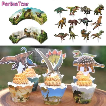 24Pcs Dinoszaurusz Cupcake Topper Torta Csomagolás A Jurassic Világ Szülinapi Parti Dekoráció Fiú gyerek Baba Zuhany Szívességet