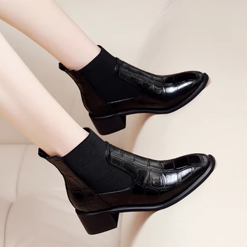 Anglia tervező chelsea csizma női alkalmi lakkbőr cipő vintage boka boot buli, bankett hölgyek botas zapatos femme