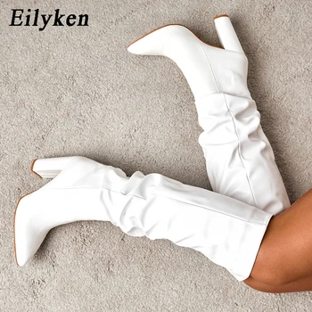 Eilyken Divat Fehér Női Térd Csizma Szexi Hegyes Toe Szögletes Sarkú Női Hosszú Boot Slip Női Cipők 35-42 méret