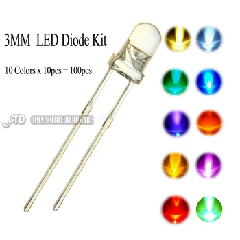 100-as (10 szín x 10db) 3 mm LED Dióda Készlet 3 mm-es világító Meleg Fehér, Zöld, Piros, Kék, Sárga, Narancssárga, Lila, Rózsaszín UV LED-DIY