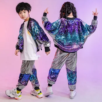 Gyerekek 2 Darab Illik Beállítja Streetwear Lányok, Fiúk Flitterekkel Kabát, Nadrág Hip-Hop, Jazz-Tánc, Színpadi Jelmezek Gyermek Ruházat