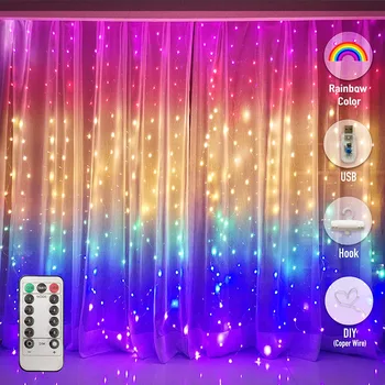LED Szivárvány Függöny USB fényfüzér Garland tündérfény Új Év Fél Karácsonyi Dekoráció Otthon Hálószoba Világítás