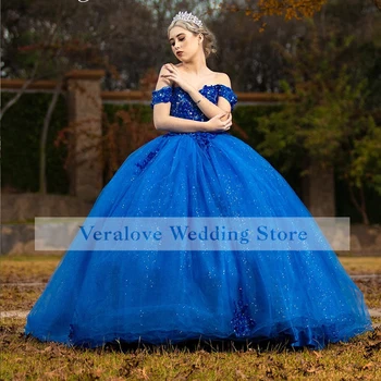 Veralove Royal Kék Hercegnő Quinceanerán Ruha 2022 Le a Vállát, Flitterek, Gyöngyök Vestidos XV Años Mexikói Lány 16 Ruha
