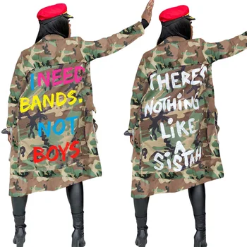 Levél Nyomtatása Árok Nők Álcázás Kabát, Hosszú Ujjú Kapcsolja Le a Gallér Széldzseki a Zsebébe Őszi Tavaszi Ruhák Streetwear