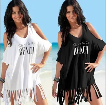 Nyári Beach Bikini Fedezze Fel A Nők Fehér Váll Nélküli Kafan Szarongot Laza Felsők Alkalmi Rojtos Póló Fürdőruha Strandcuccot