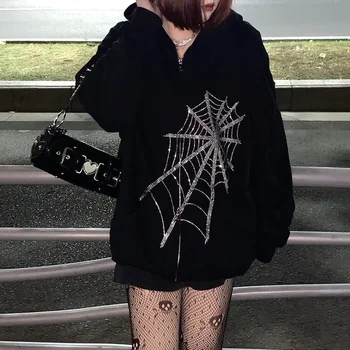 Harajuku Cipzáras Kapucnis Felső Nők Gótikus Punk Strasszos Pókháló Melegítőfelső Kardigán Női Kapucnis Dzseki, Kabát Emo Alt Ruházat