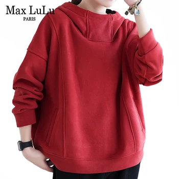 Max LuLu Koreai Design Piros Kapucnis Laza Pulóver 2021 Új Női Alkalmi Szilárd Kapucnis Felső Girl Fitness Ruha Prémes, Meleg Streetwear