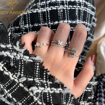 XIYANIKE Ezüst Bevonatú Nyitott, Strasszos Dupla Pillangó Gyűrű mutatóujját Női Divat Édes Trend Kézzel készített Ajándék Ékszer