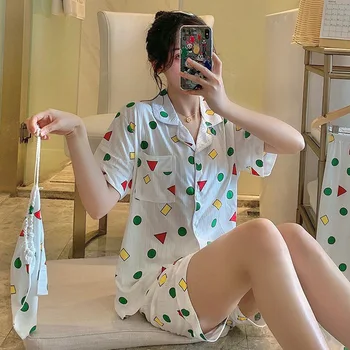 Nyári Pizsama Női Rövid Ujjú Zsírkréta Rajzfilm Anime Stílus Aranyos Geometriai Minták, Légáteresztő, Kényelmes fürdőruha