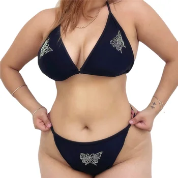 Női Hímzett Pillangó Bikini-Háromszög Szexi Plus Size kétrészes fürdőruha 2022 Nagy Női Fekete Fürdőruha XXXL XXXXL
