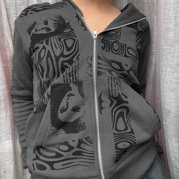 A nők Gótikus Polár kapucnis felső Őszi Esztétikai Printed Hosszú Ujjú Cipzáras Pulóver Kabát Harajuku Streetwear Y2K Hip-Hop Maximum