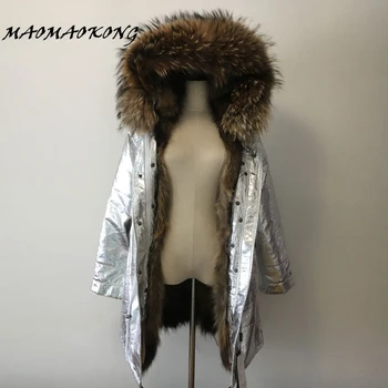 2017 hosszú téli kabát női outwear vastag zubbonyok mosómedve természetes valódi szőrme galléros kabát kapucnis meleg valódi Mosómedve Szőrme bélés