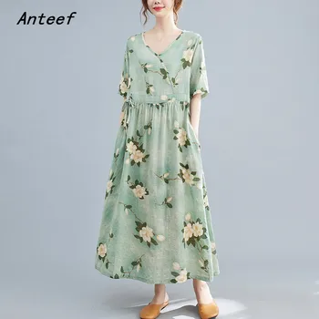 Anteef rövid ujjú pamut ágynemű vintage virágos ruha női alkalmi laza hosszú nő, nyári ruha, elegáns ruha 2021