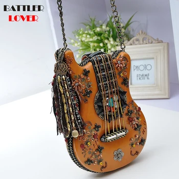 2019 új kézitáska kézzel készített gitár modellezés csomag retro gyöngyös lánc csomag femme váll átlós csomag kors női táska
